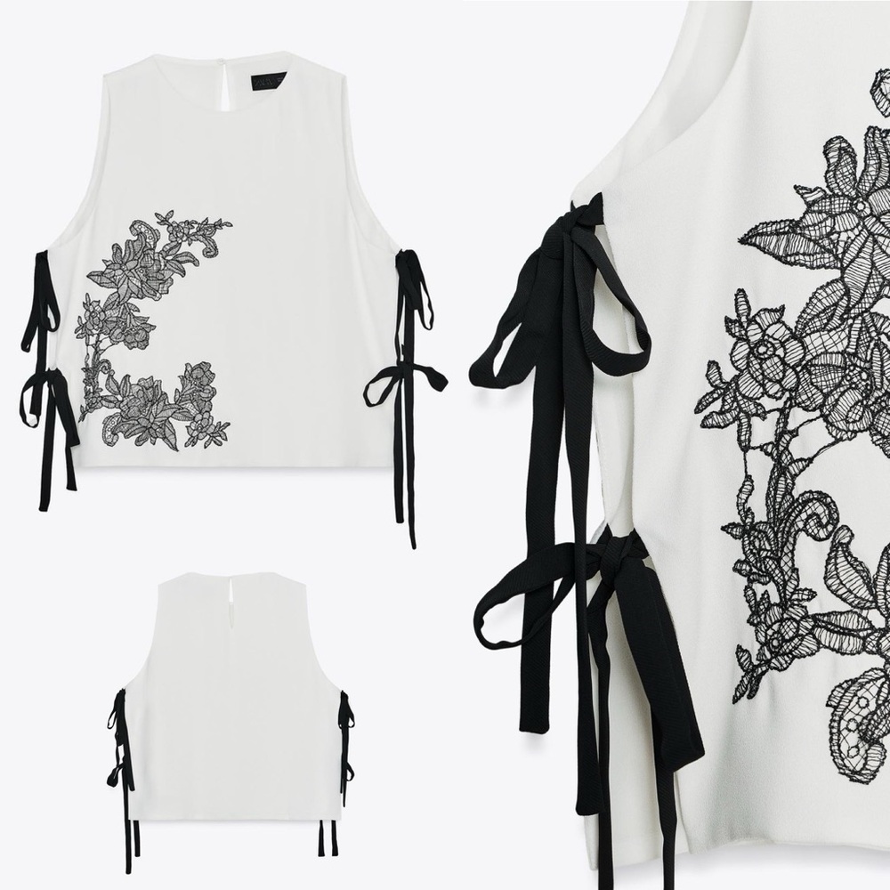 Zara | Floral Embroidered Tie Top Medium (NWT) White Top with black